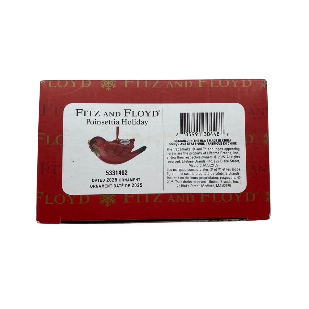 Fitz and Floyd Poinsettia Holiday Dated 2025 Cardinal Bird Ornament 5331402 NEW
